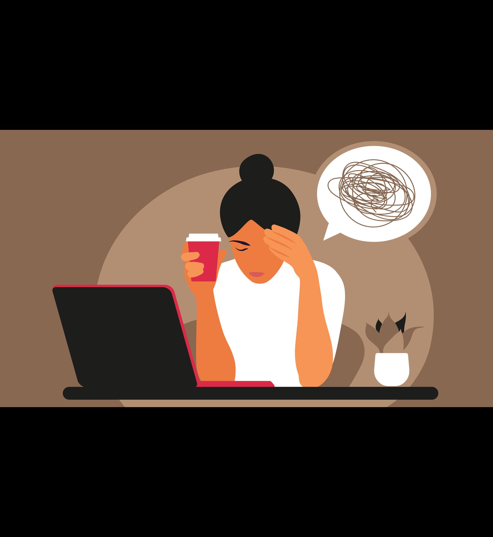 woman stressed at computer illustration